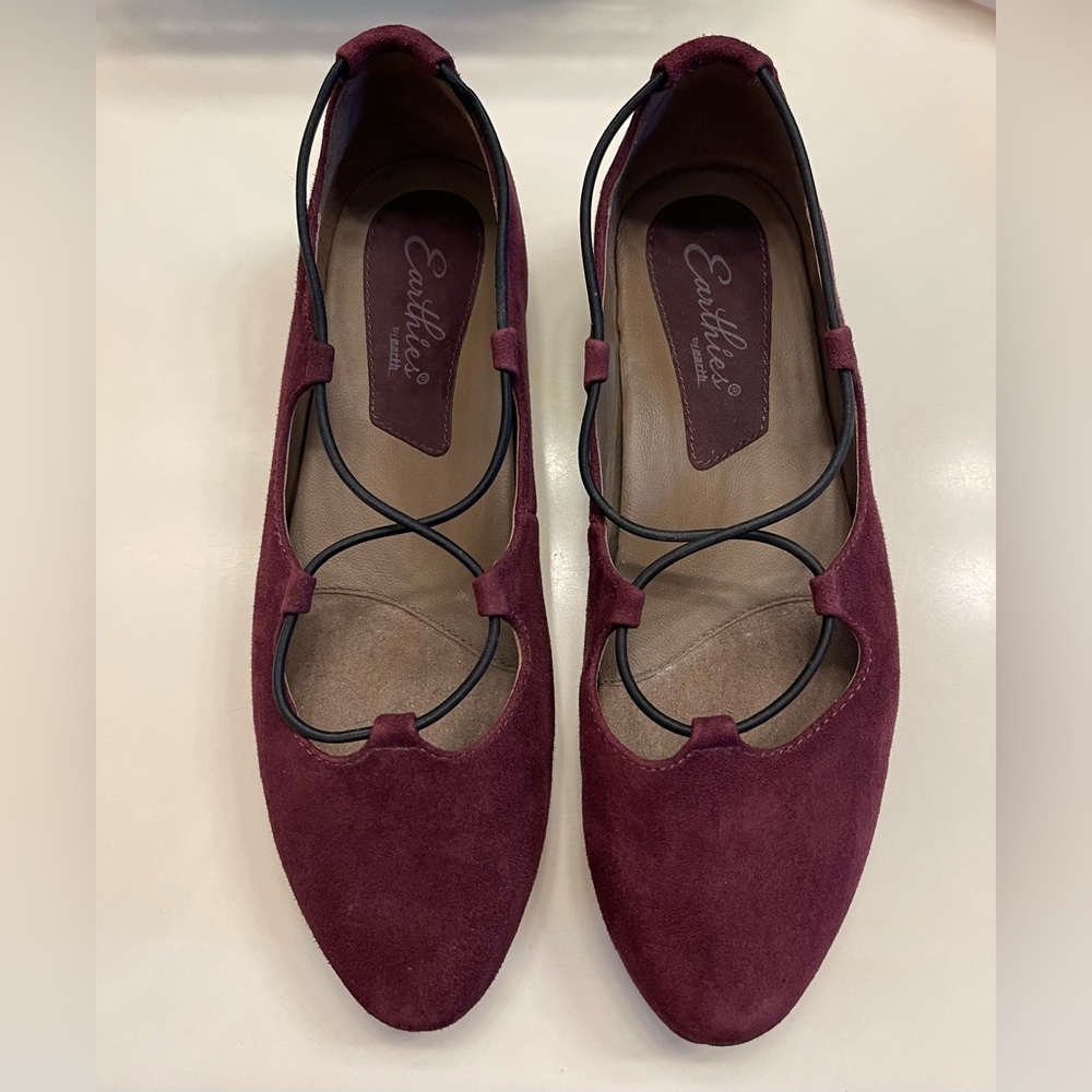 Earthies Burgundy Suede Pointed-Toe Flats with Black Straps